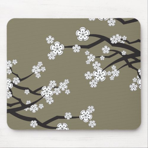 Zen White Sakura Cherry Blossom Flowers On Gray Mouse Pad