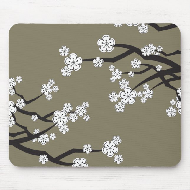 Zen White Sakura Cherry Blossom Flowers On Gray Mouse Pad (Front)