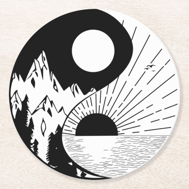 Zen Yin Yang Black White Round Paper Coaster (Front)
