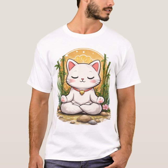 Zen Yoga Cat Calm Meditation Kawaii Design T-Shirt (Front)