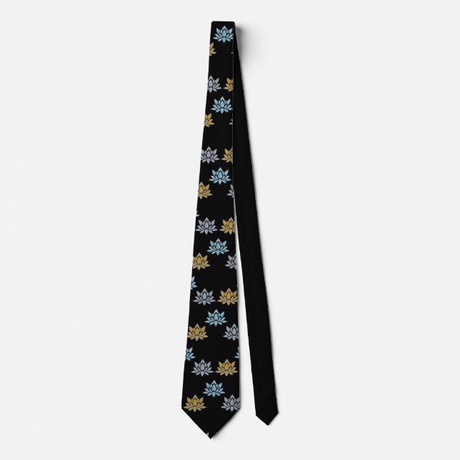 Zen Yoga Lotus Flower Blue Gray Gold Neck Tie (Front)