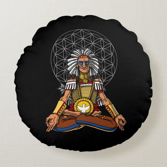Zen Yoga Native American Chief Indian Meditation Round Pillow (Front)