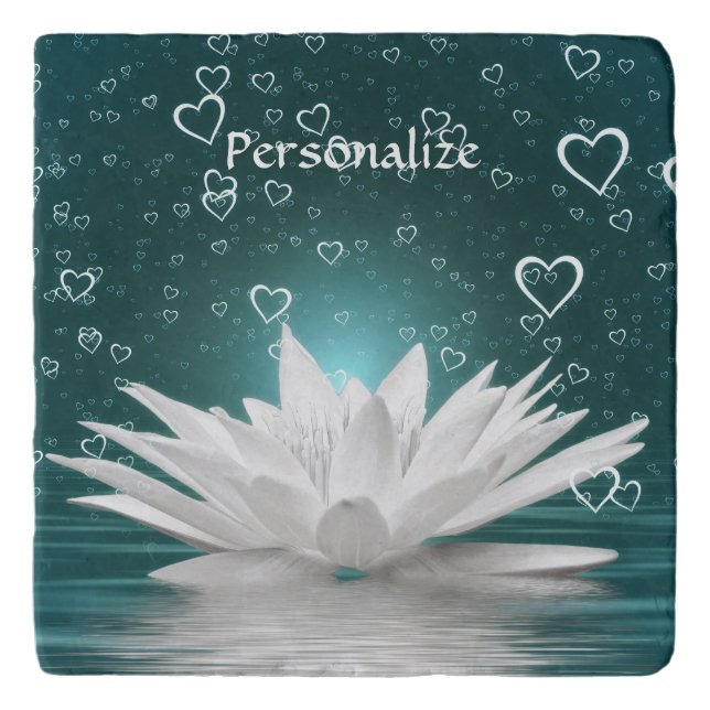 Zen Yoga White Lotus Flower & Hearts Trivet (Front)
