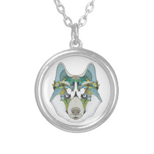 Zenart patterned Husky Dog Blue Husky Face Silver Plated Necklace
