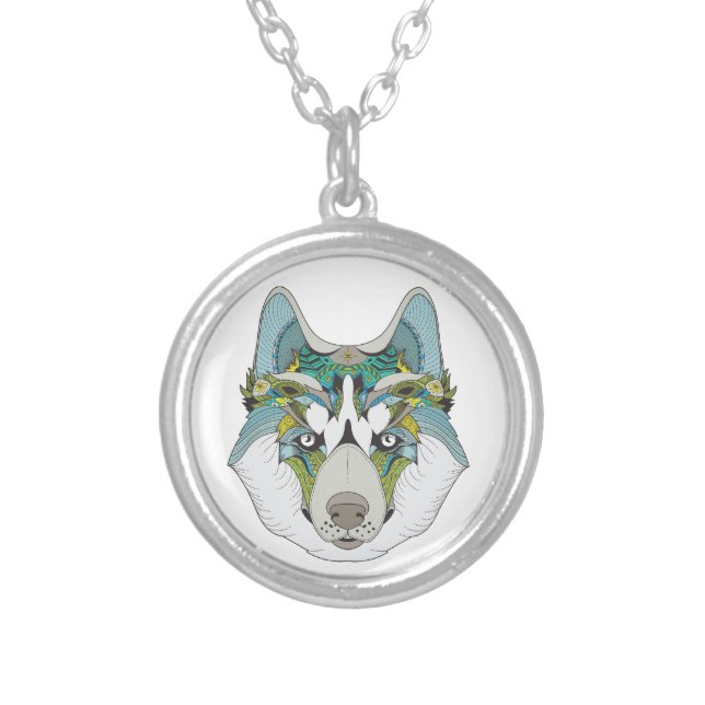 Zenart patterned Husky Dog Blue Husky Face Silver Plated Necklace (Front)
