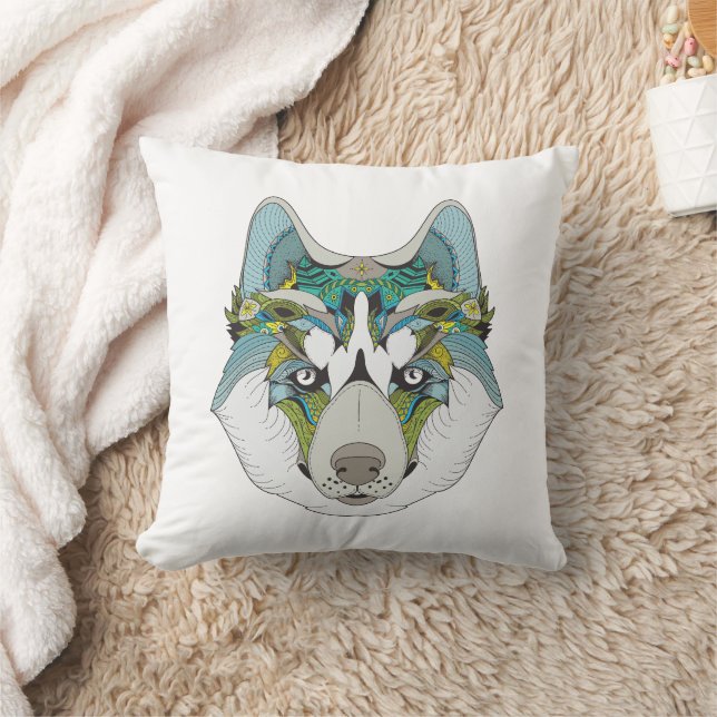 Zenart patterned Husky Dog Blue Husky Face Throw Pillow (Blanket)