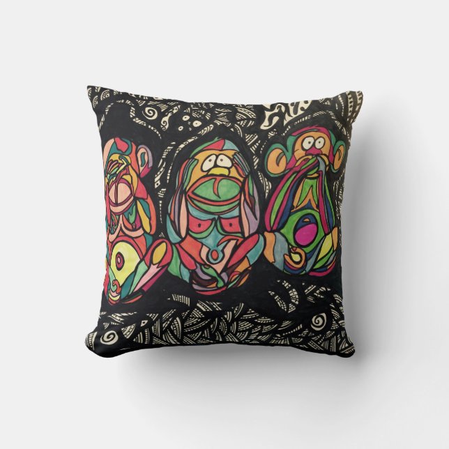 Zendoodle see/hear/speak no evil throw pillow (Front)