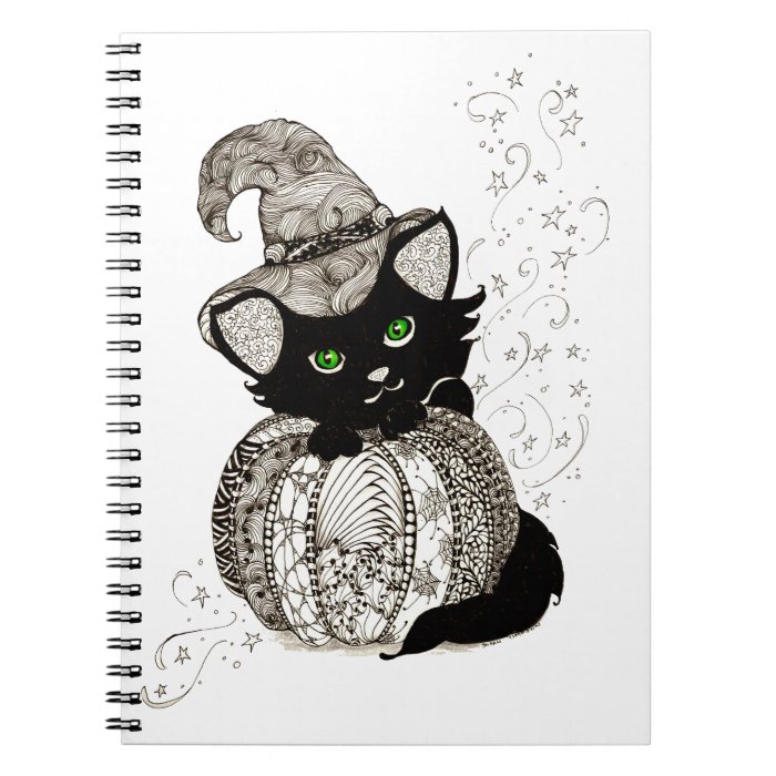 Zentangle Black Cat Green Eyes Pumpkin Note Books