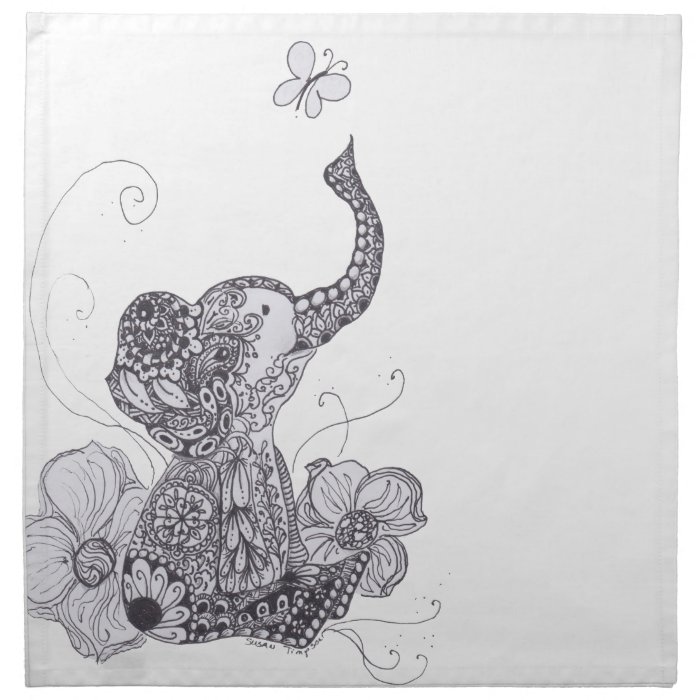 Zentangle Elephant Butterfly Cloth Napkins