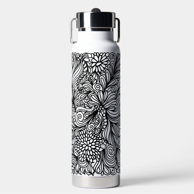 Zentangle flower and paisley doodle design water bottle (Front)