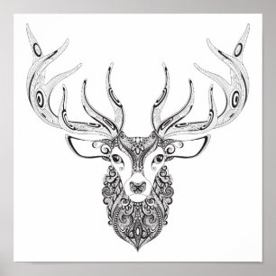 Zentangle Inspired Deer Horned Head 2 Poster