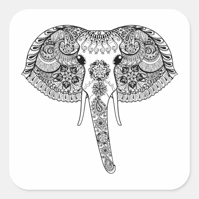 Zentangle Inspired Indian Elephant Square Sticker (Front)