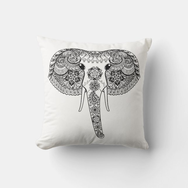 Zentangle Inspired Indian Elephant Throw Pillow (Front)