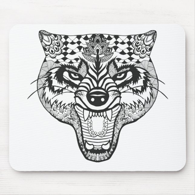 Zentangle Inspired Wolf Mouse Pad (Front)