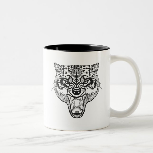 Zentangle Inspired Wolf Two-Tone Coffee Mug (Right)