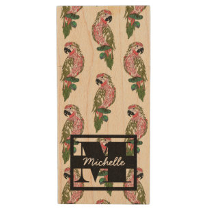 Zentangle Style Parrots   Monogram Wood Flash Drive