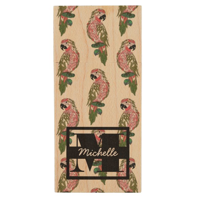 Zentangle Style Parrots | Monogram Wood Flash Drive (Front Vertical)