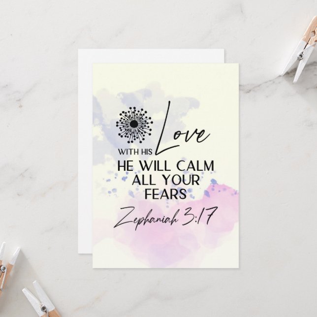 Zephaniah 3:17 His Love will calm Bible Flat Card (Front/Back In Situ)