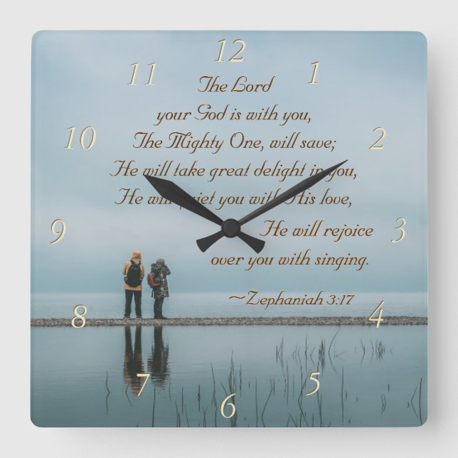 Zephaniah 3:17 Rejoice over you with singing. Square Wall Clock (Front)