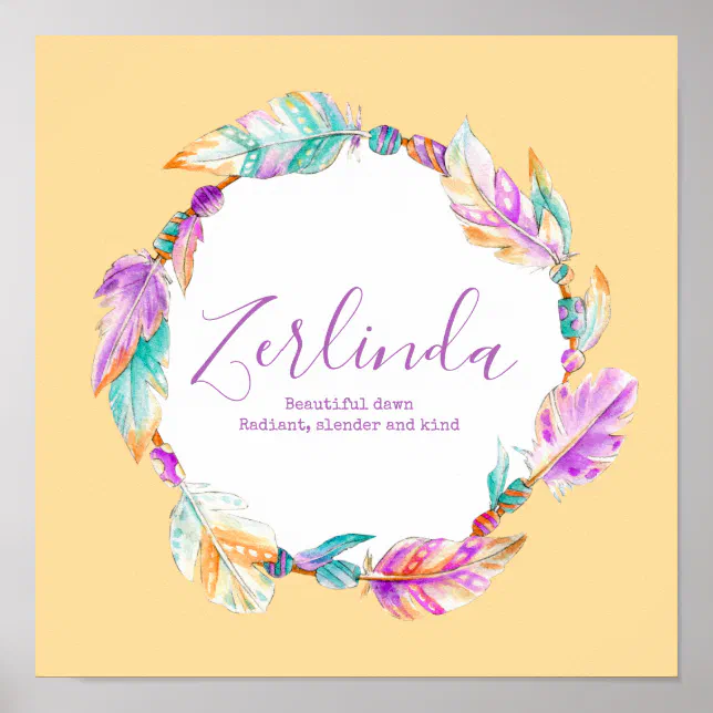 Zerlinda feather beads wreath name meaning poster Zazzle