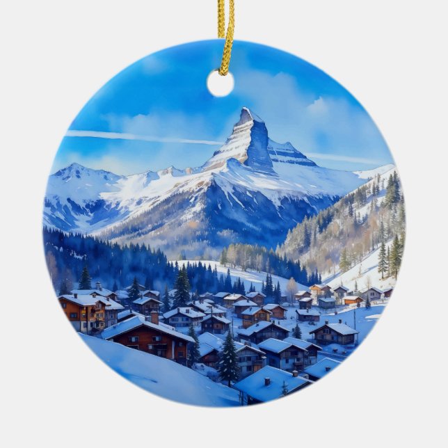 Zermatt Matterhorn Switzerland Watercolor Ceramic Ornament (Front)