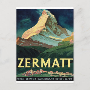 Zermatt, mountain peak,Switzerland, vintage,travel Postcard