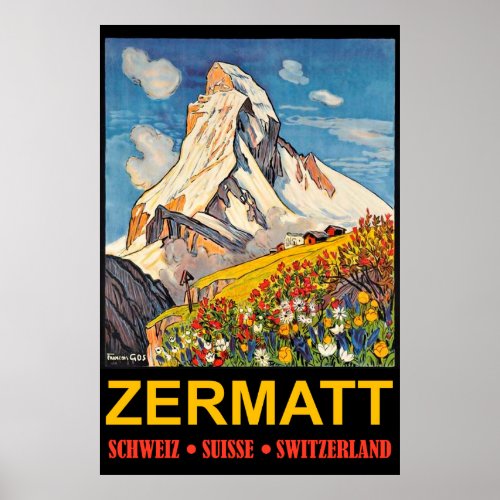 Zermatt mountain peak Switzerland vintage travel Poster