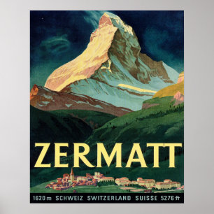 Zermatt, mountain peak,Switzerland, vintage,travel Poster
