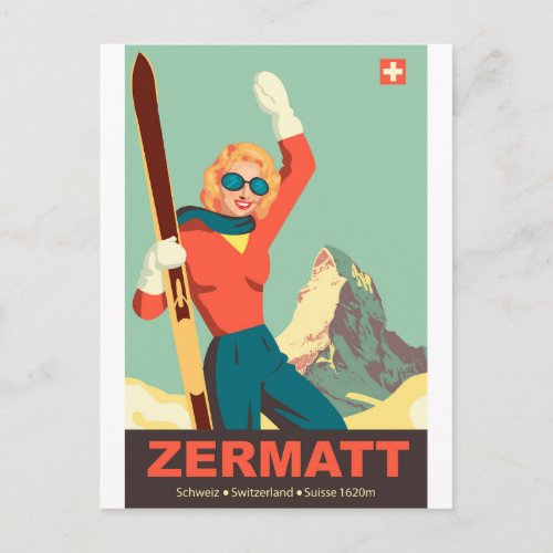 Zermatt Ski Girl Switzerland Postcard