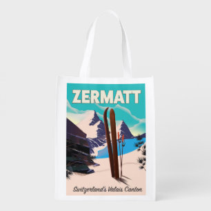 Zermatt Ski vacation poster Reusable Grocery Bag