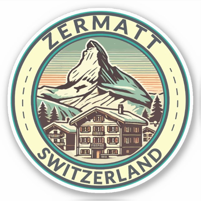 Zermatt Switzerland Illustration Travel Art Badge Sticker (Front)