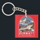 Zermatt Switzerland Illustration Travel Art Retro Keychain<br><div class="desc">Zermatt retro vector travel design. Zermatt,  in southern Switzerland’s Valais canton,  is a mountain resort renowned for skiing,  climbing and hiking.</div>