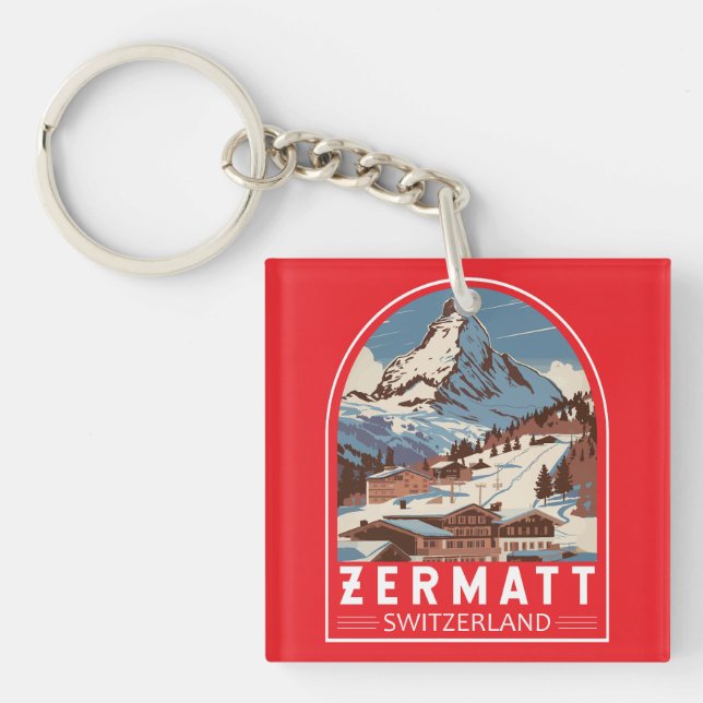 Zermatt Switzerland Illustration Travel Art Retro Keychain (Front)