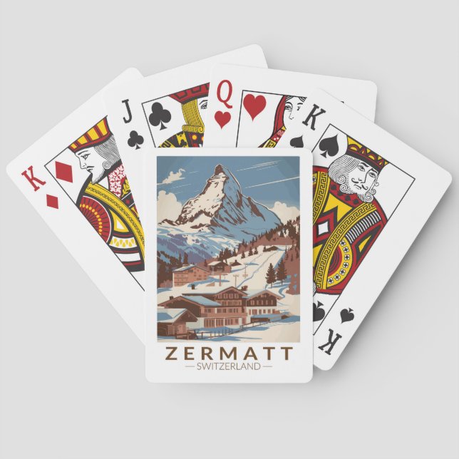 Zermatt Switzerland Illustration Travel Art Retro Poker Cards (Back)