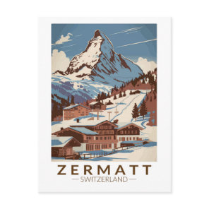 Zermatt Switzerland Illustration Travel Art Retro Postcard