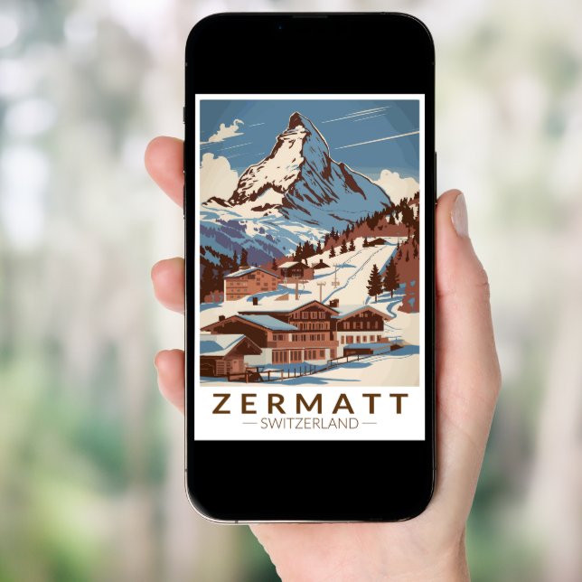 Zermatt Switzerland Illustration Travel Art Retro Poster (Front Digital)