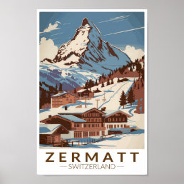 Zermatt Switzerland Illustration Travel Art Retro Poster