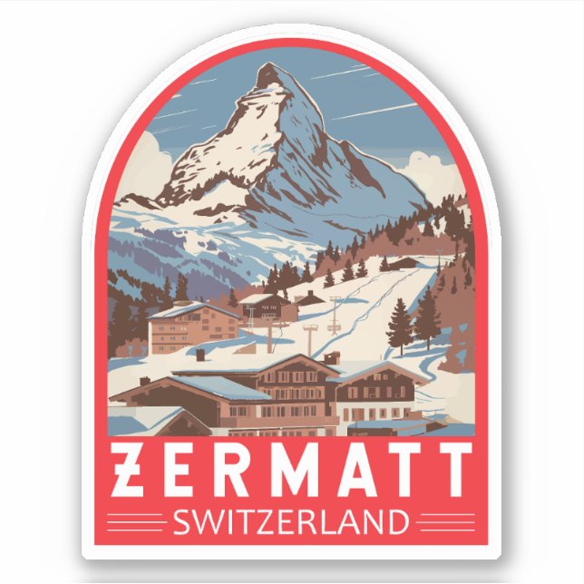 Zermatt Switzerland Illustration Travel Art Retro Sticker (Front)
