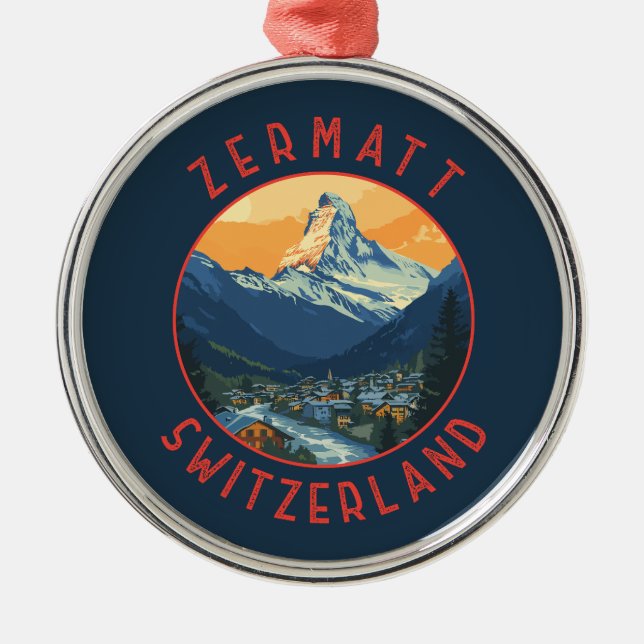Zermatt Switzerland Retro Distressed Circle Metal Ornament (Front)