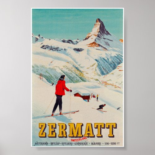 Zermatt Switzerland Retro Vintage Ski Travel Poster