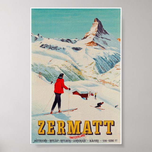 Zermatt Switzerland Retro Vintage Ski Travel Poster (Front)