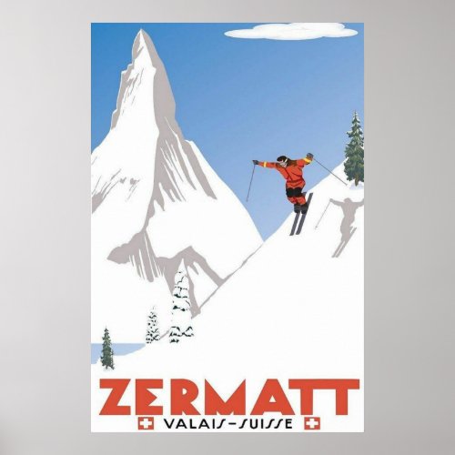 Zermatt Switzerland Travel Poster  Swiss Tourism 
