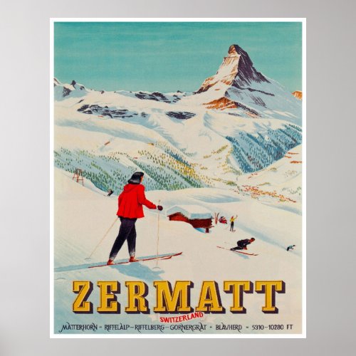 Zermatt Switzerland Vintage Ski Travel Poster
