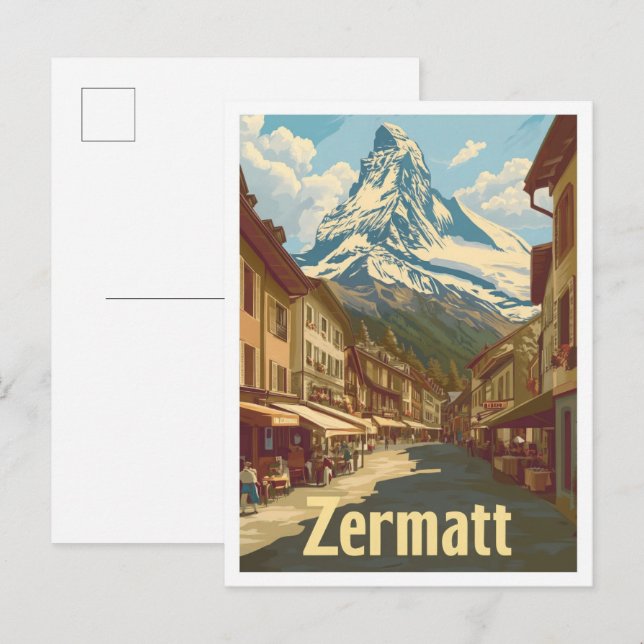 Zermatt Switzerland Vintage Travel Illustration Postcard (Front/Back)