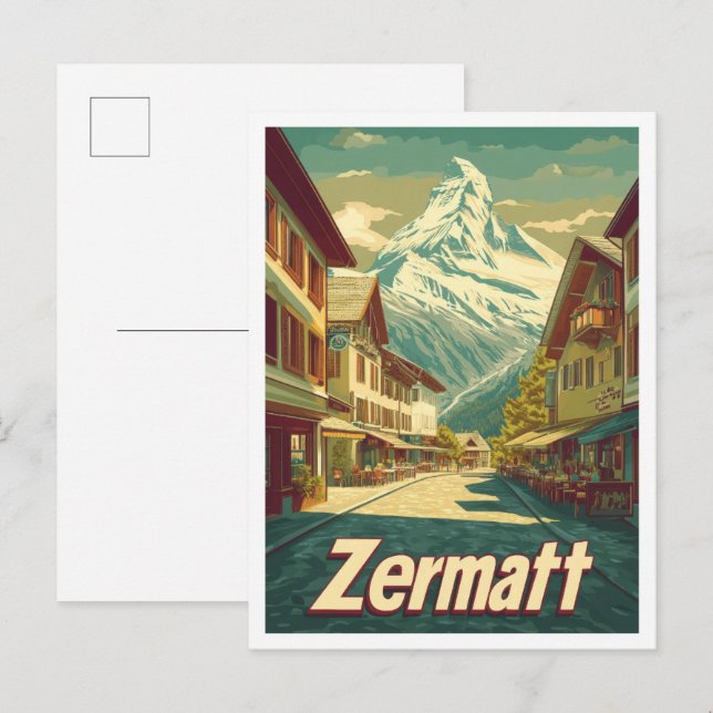 Zermatt Switzerland Vintage Travel Illustration Postcard (Front/Back)