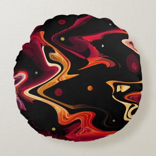 Zero Gravity Painting Abstract in Orange and Black Round Pillow