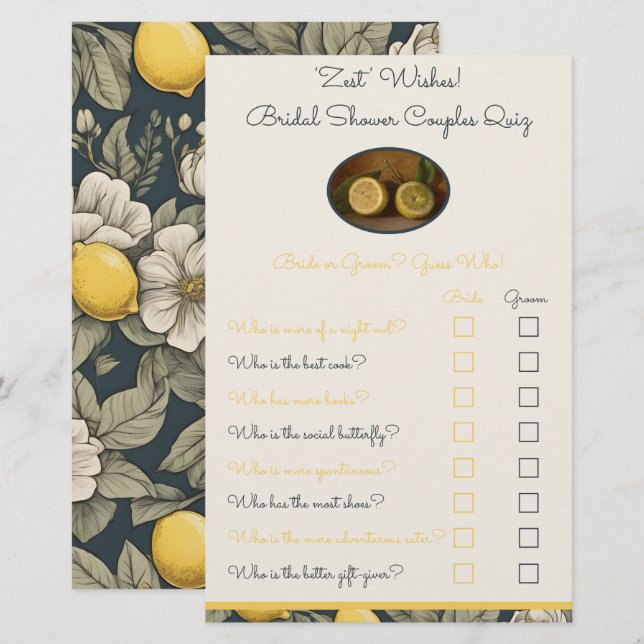 'Zest' Wishes Couple Quiz Shower Game (Front/Back)