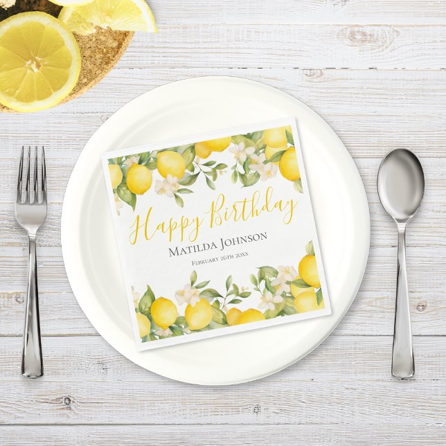 Zesty Lemons Fun Yellow Birthday Party Napkins (Mockup View)