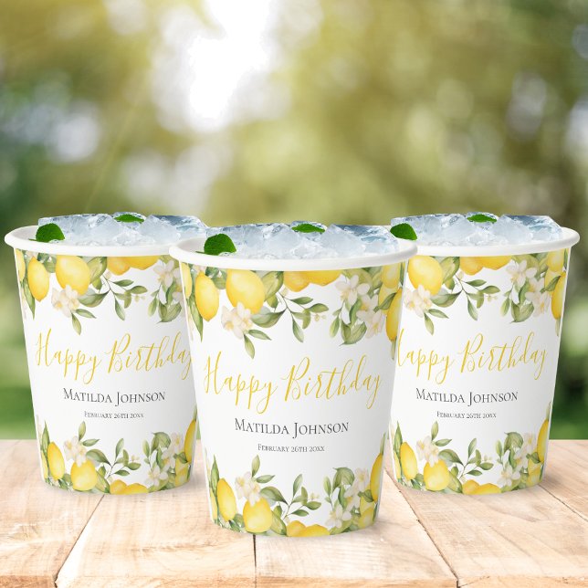 Zesty Lemons Fun Yellow Birthday Party Paper Cups (Mockup View)