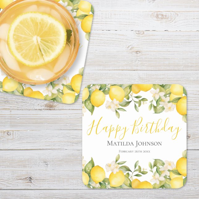 Zesty Lemons Fun Yellow Birthday Party Square Paper Coaster (Mockup View)
